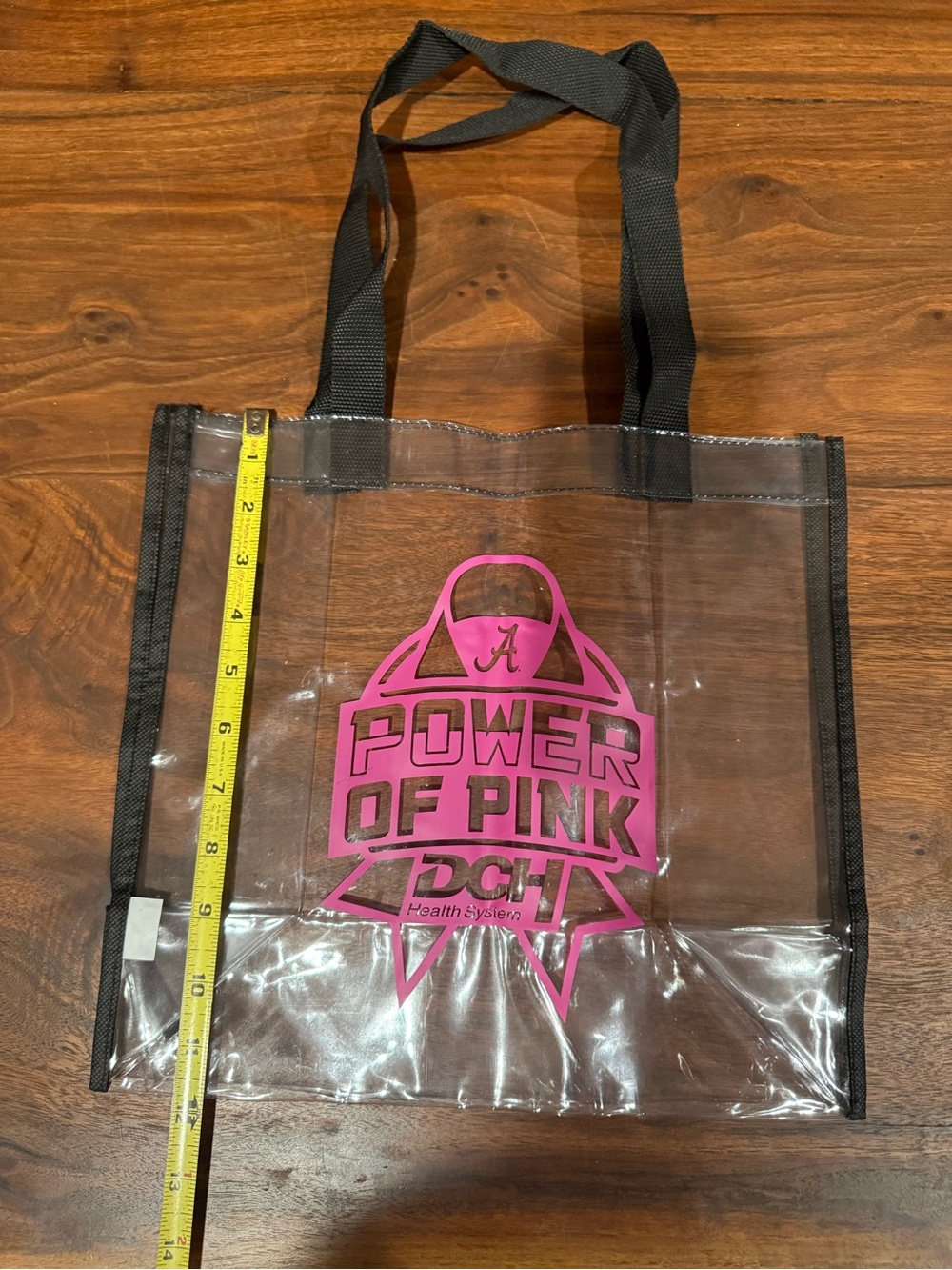 Clear Tote Bag with Pink "Power of Pink" Graphic and Black Straps